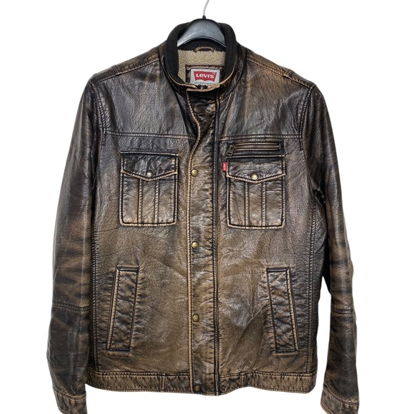 Levi's brown distressed XL faux leather Trucker/biker style jacket - Picture 2 of 15